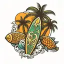 palm tree, sun, wave, pineapple, coconut, sea turtle and surf board  tattoo design idea