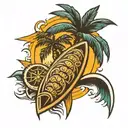 palm tree, sun, wave, pineapple, coconut, sea turtle and surf board  tattoo design idea