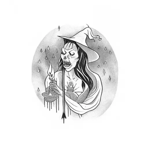 A witch casting a curse by a bonfire tattoo design idea