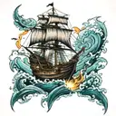 pirate ship, lighting storm, sharks tattoo design idea