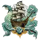 pirate ship, lighting storm, sharks tattoo design idea