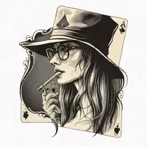 slender girl in profile, very long aquiline nose, glasses, long straight brown hair, thin lips, shy, ace of spades card tattoo design idea