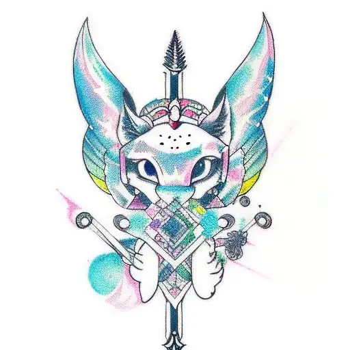 Design a tattoo featuring a stylized Microsoft logo and the Sagittarius symbol, surrounded by decorative borders or patterns. Incorporate anime eyes, Miffy, and Bratz doll accessories into the design. Use a colorful palette that reflects her interests. tattoo design idea