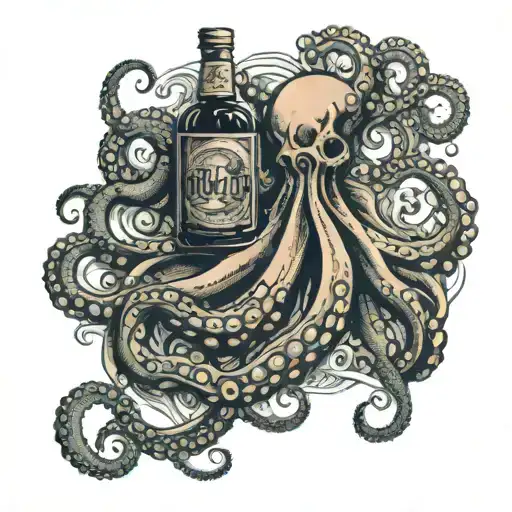 octopus and rum bottle tattoo design idea