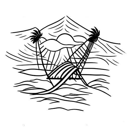A tranquil beach scene with palm trees and a hammock at sunset tattoo design idea