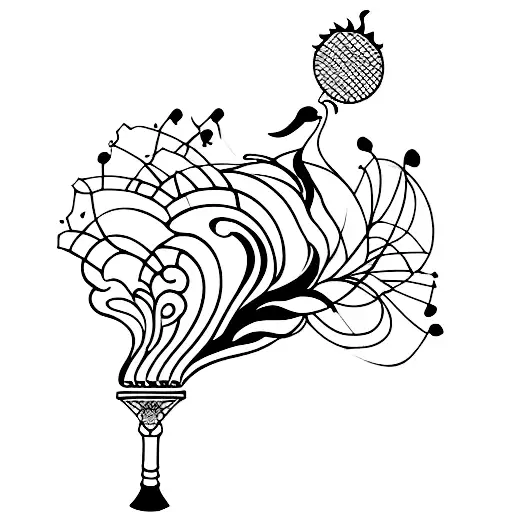 An elegant composition of a peacock feather and flute forming a badminton shuttlecock tattoo design idea