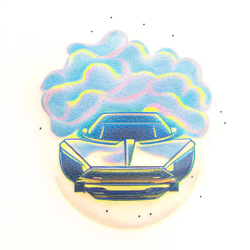 A minimalist tattoo of a sleek and futuristic electric car surrounded by a swirling cloud of smoke, inspired by your love for cars and mota. tattoo design idea