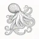 Minimalist tattoo of a delicate and sweet octopus, make him beuty, medium size, fine, delicate and feminine strokes tattoo design idea
