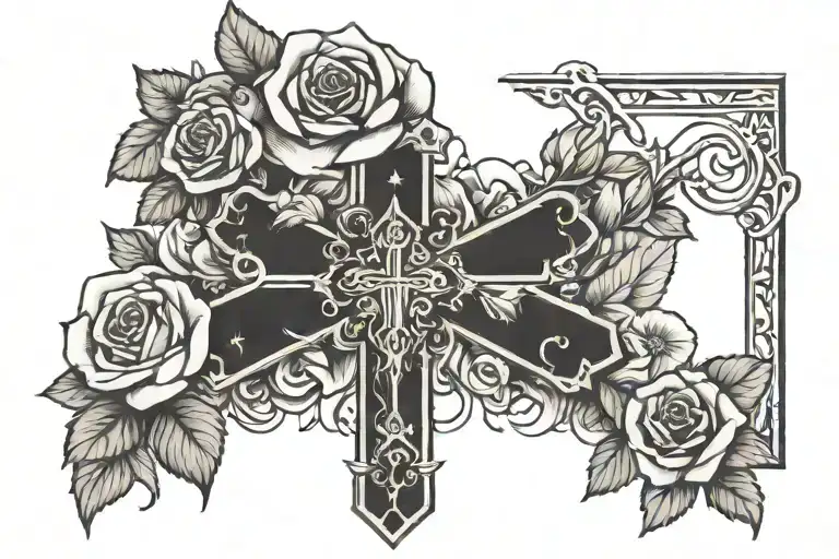 cross with roses and biblically verses   tattoo design idea