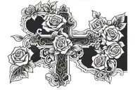 cross with roses and biblically verses   tattoo design idea