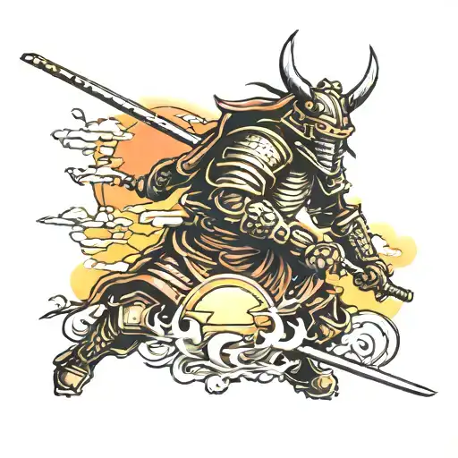 sunset and samurai armor tattoo design idea
