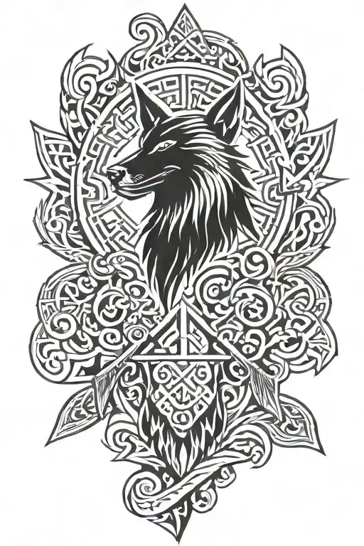 viking axes crossed beneath a wolf tattoo design idea