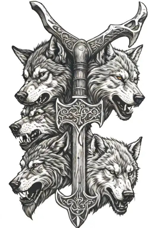 two Viking axes crossed under a wolf tattoo design idea