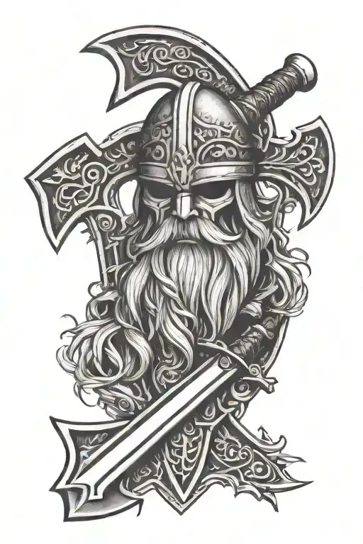 Viking axe and a sword crossed under odin god tattoo design idea