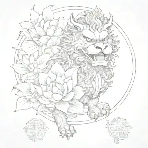 Japanese, foo dog, lotus flowers,  tattoo design idea