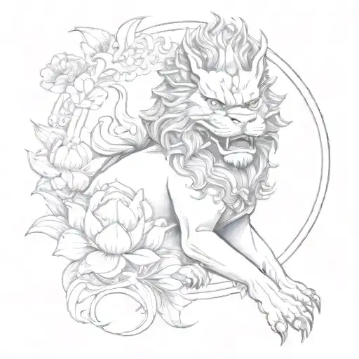 Japanese, foo dog, lotus flowers,  tattoo design idea