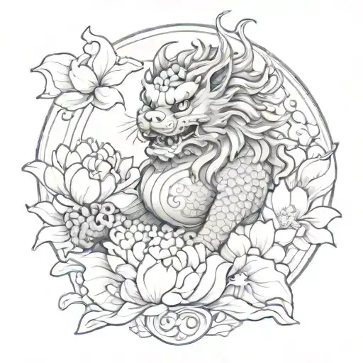 Japanese, foo dog, lotus flowers,  tattoo design idea