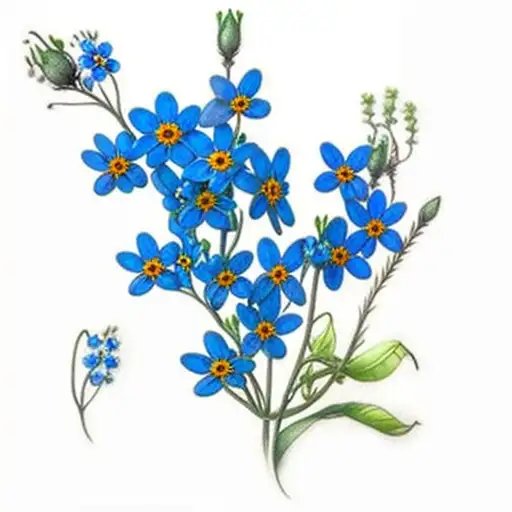 five blue forget me not flowers, green leaves, less buds, long stems,  tattoo design idea