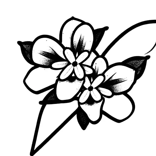 five blue forget me not flowers, green leaves, less buds, long stems tattoo design idea