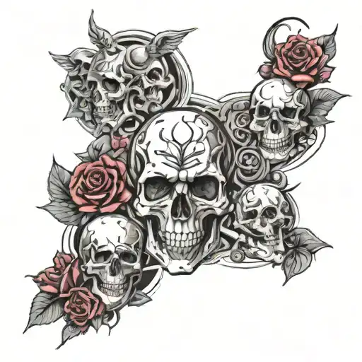 Full sleeve to include. Gothic style images of skulls, demons, dice, pills, 20 aud notes, crossed fingers and red roses tattoo design idea