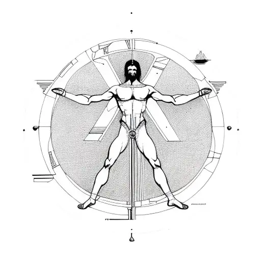 A minimalist representation of Vitruvian Man with a modern twist, incorporating elements of Roman and Greek architecture tattoo design idea