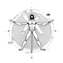 A minimalist representation of Vitruvian Man with a modern twist, incorporating elements of Roman and Greek architecture tattoo design idea