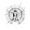 A minimalist representation of Vitruvian Man with a modern twist, incorporating elements of Roman and Greek architecture tattoo design idea