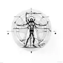 A minimalist representation of Vitruvian Man with a modern twist, incorporating elements of Roman and Greek architecture tattoo design idea