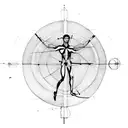 A minimalist representation of Vitruvian Man with a modern twist, incorporating elements of Roman and Greek architecture tattoo design idea