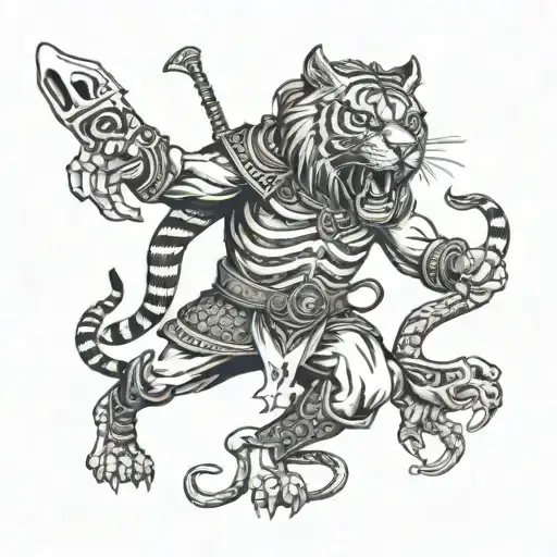 A skeletal Viking warrior battling a tiger in a dark forest, with a snake wrapped around their arms, representing the struggles of life tattoo design idea