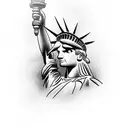 Statue of Liberty with a $100 bill covering eyes tattoo design idea
