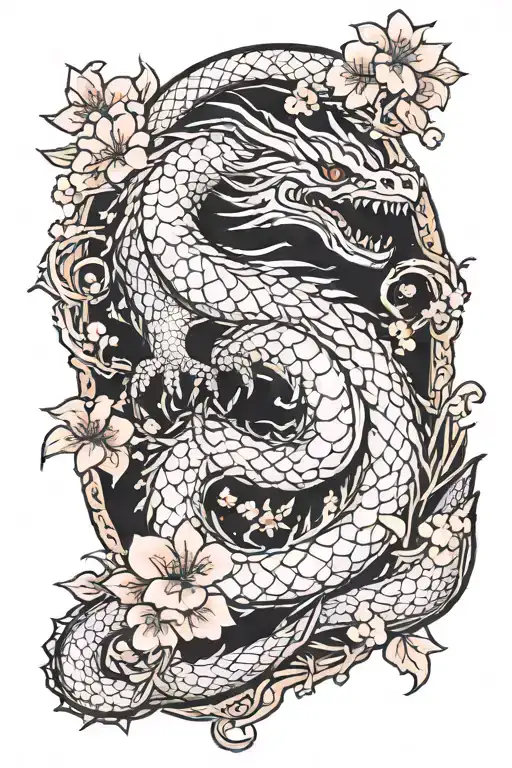 a white fatalis from Monster Hunter and delicate cherry blossoms with swirling petals as a tattoo on  tattoo design idea