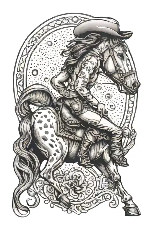 cowgirl sitting on horse shoe   tattoo design idea