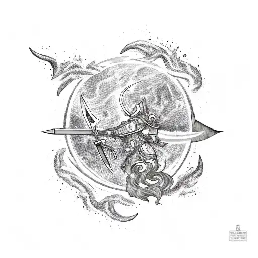 long sword surrounded by flames  stabbing through a cresent moon, add three stars tattoo design idea