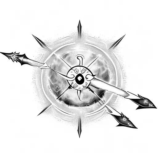 long spear, stabbing through a cresent moon, with flames streaming from the tip of the spear, add three stars tattoo design idea