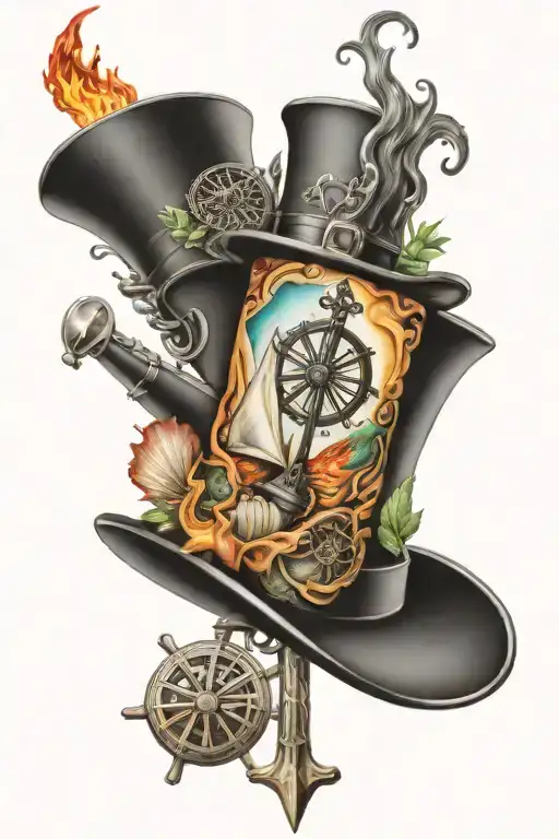 camino cross and shell, sailboat, top hat, fire, bicycle  tattoo design idea
