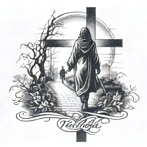 Cross in the background, woman walking into the light, with date 04.11.1967-18-01-2023 tattoo design idea