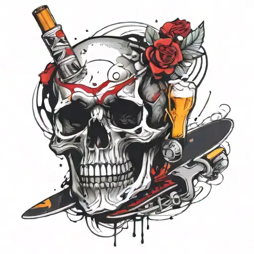 skull, cigarette and lighter, skate and beer bottle tattoo design idea