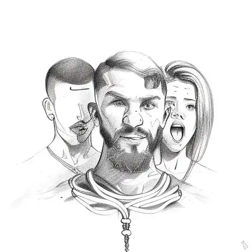 A unique sketch-style tattoo of a personal trainer guiding a casal de filhos in their fitness journey tattoo design idea