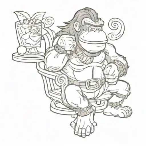 A sketch-style tattoo of Donkey Kong and Didi Kong enjoying a moment of relaxation, smoking cigars and wearing elegant jewelry, combining the client's favorite things in a unique way tattoo design idea