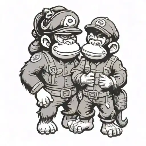 A whimsical tattoo design featuring Donkey Kong and Didi Kong dressed in military uniforms, showcasing their playful side while incorporating elements of jewelry and smoking to represent the client's interests tattoo design idea