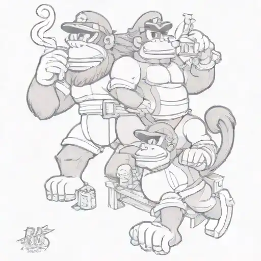 A sketch-style tattoo of Donkey Kong and Didi Kong enjoying a moment of relaxation, smoking cigars and wearing elegant jewelry, combining the client's favorite things in a unique way tattoo design idea