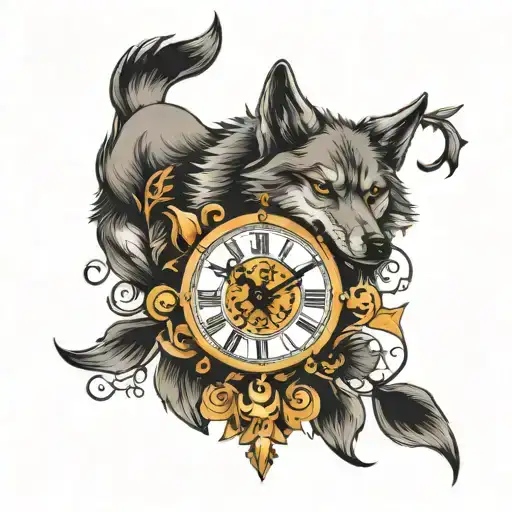 wolf and clock tattoo design idea