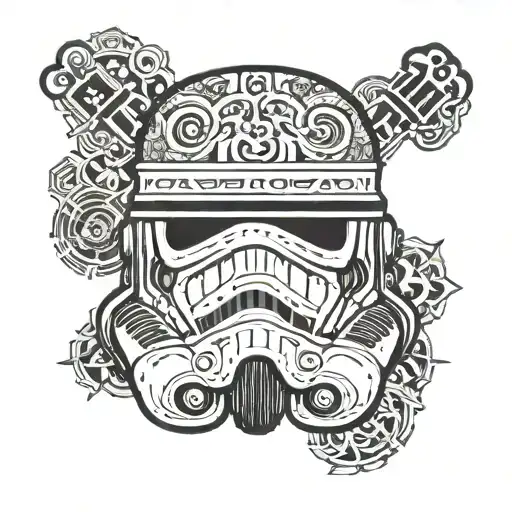 Star Wars stormtrooper helmet in Aztec style with May the force be with you in Aurebesh font  tattoo design idea