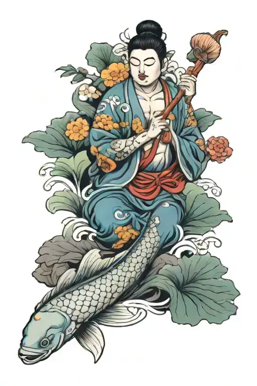buda con fondo japones y koi fish swimming tattoo design idea