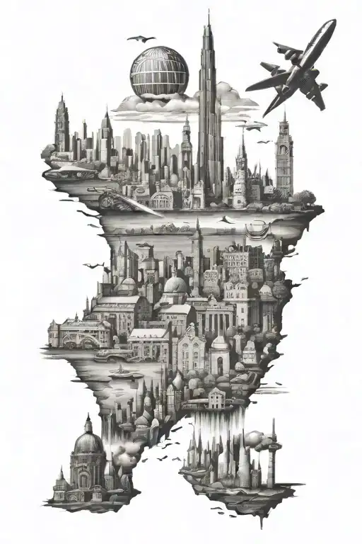 A landscape including various famous landmarks from New York City, Barcelona, Dublin, London  tattoo design idea