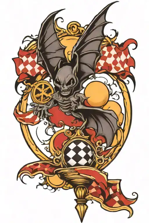 bat, checkered flag, moon, bones tattoo design idea