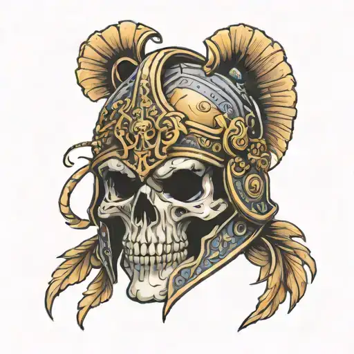 skull, gladiator helmet adorned tattoo design idea
