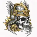 skull, gladiator helmet adorned tattoo design idea
