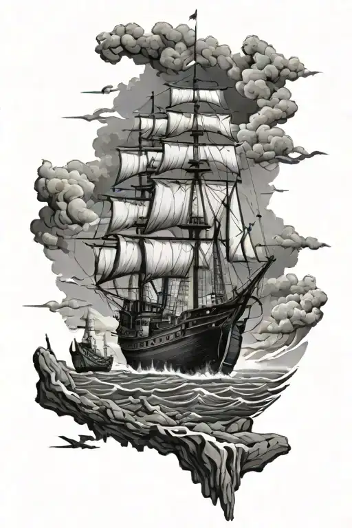 ship and graveyard scene tattoo design idea